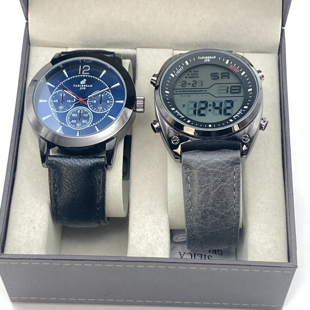 Caribbean Joe Mens Watch Black Blue Dial Analog Digital NEW Boxed Set of 2